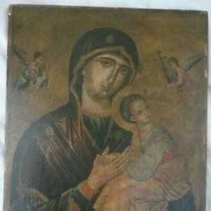 ANTIQUE Virgin of Perpetual Help Passions Wood Serigraph Art Icon Mary Jesus